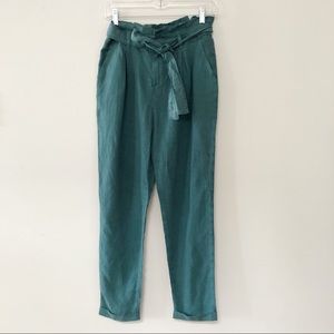 Louizon Paris high waist paper bag linen pants teal colour